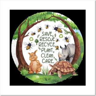 Save Bees Rescue Animals Recycle Plastic Earth Day Posters and Art